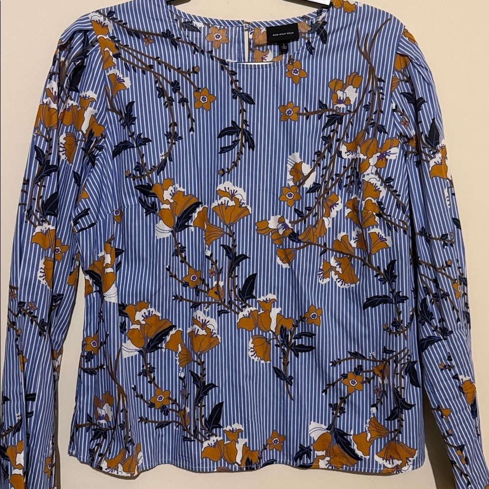 Who What Wear Blue Striped Floral Long-Sleeve Top - Picture 3 of 7